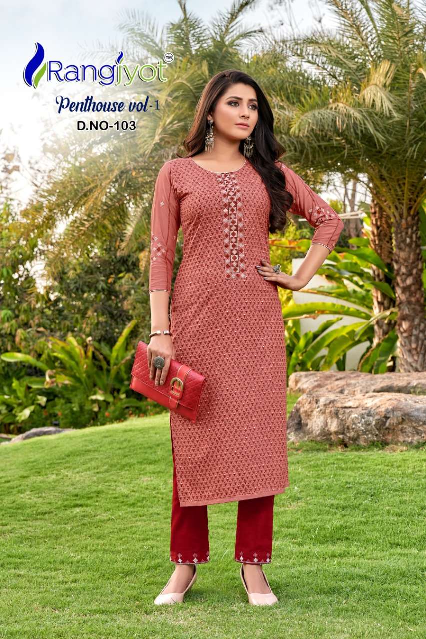 Penthouse Vol-1 By Rangjyot Fashion 101 To 108 Series Beautiful Stylish Fancy Colorful Casual Wear & Ethnic Wear & Ready To Wear Heavy Rayon Slub Print Kurtis With Bottom At Wholesale Price