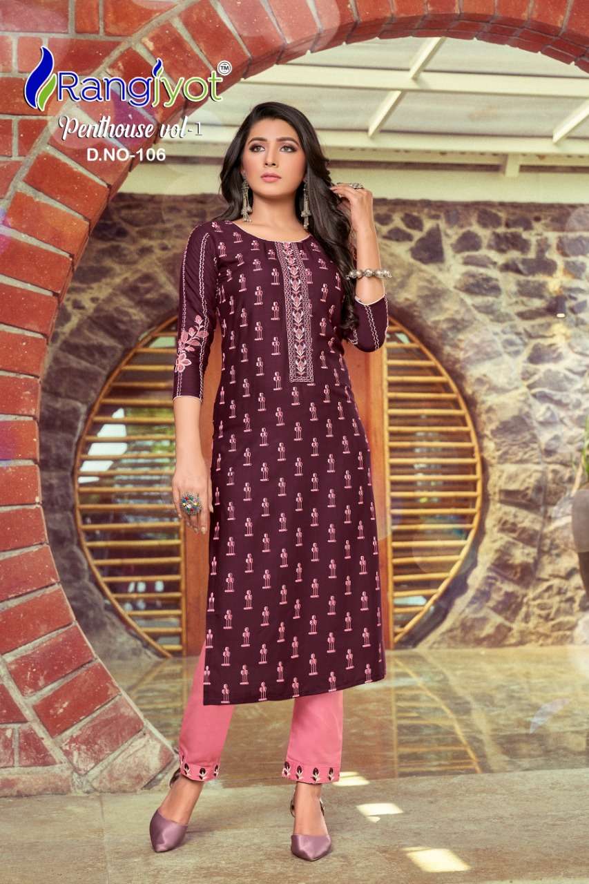 Penthouse Vol-1 By Rangjyot Fashion 101 To 108 Series Beautiful Stylish Fancy Colorful Casual Wear & Ethnic Wear & Ready To Wear Heavy Rayon Slub Print Kurtis With Bottom At Wholesale Price