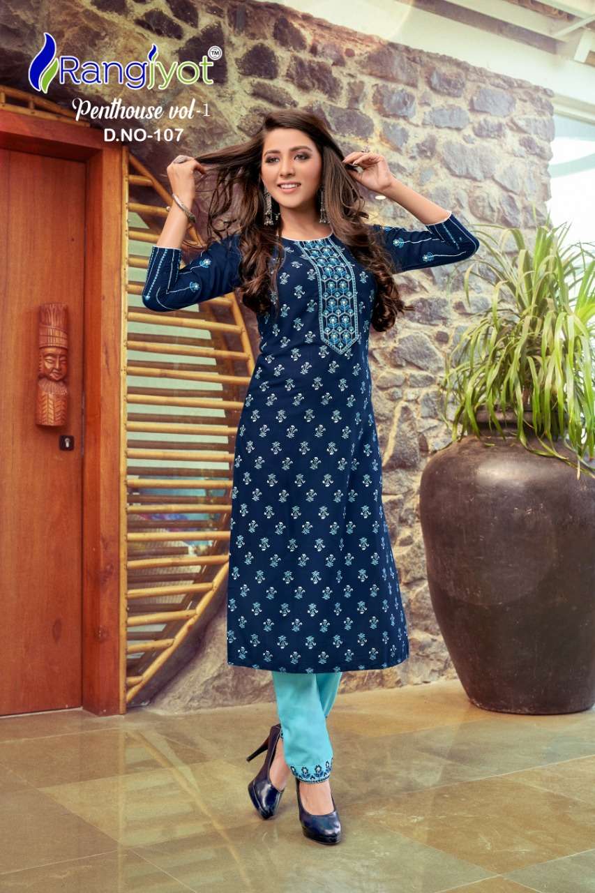 Penthouse Vol-1 By Rangjyot Fashion 101 To 108 Series Beautiful Stylish Fancy Colorful Casual Wear & Ethnic Wear & Ready To Wear Heavy Rayon Slub Print Kurtis With Bottom At Wholesale Price