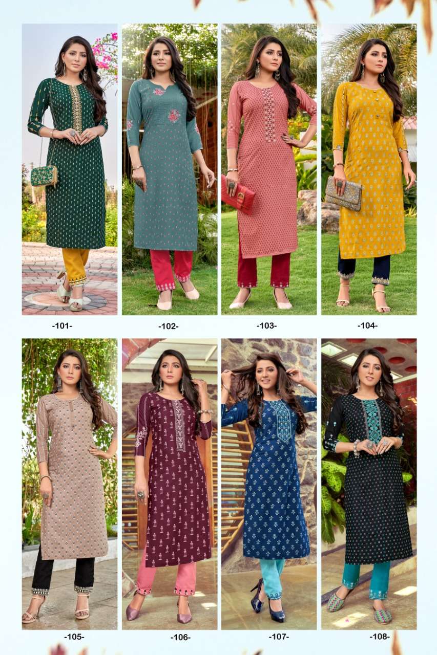 Penthouse Vol-1 By Rangjyot Fashion 101 To 108 Series Beautiful Stylish Fancy Colorful Casual Wear & Ethnic Wear & Ready To Wear Heavy Rayon Slub Print Kurtis With Bottom At Wholesale Price