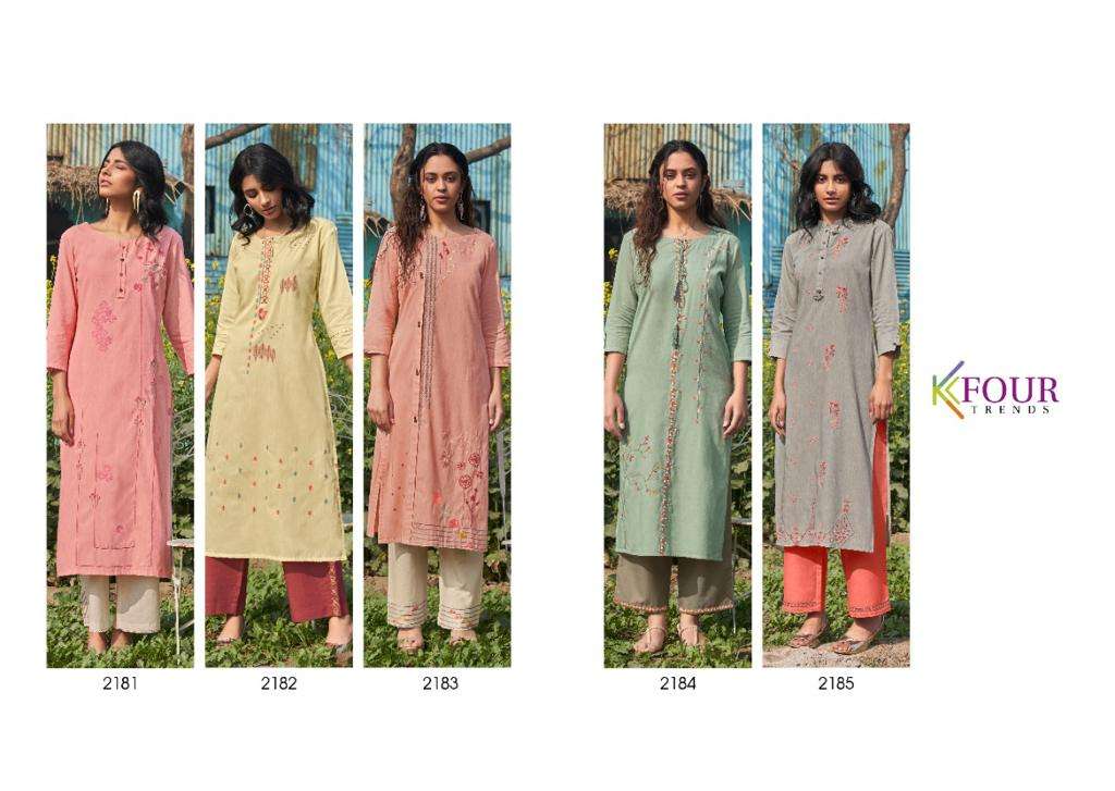 SUNRISE BY KFOUR TRENDS 2181 TO 2185 SERIES DESIGNER STYLISH FANCY COLORFUL BEAUTIFUL PARTY WEAR & ETHNIC WEAR COLLECTION MODAL COTTON EMBROIDERY KURTIS WITH BOTTOM AT WHOLESALE PRICE