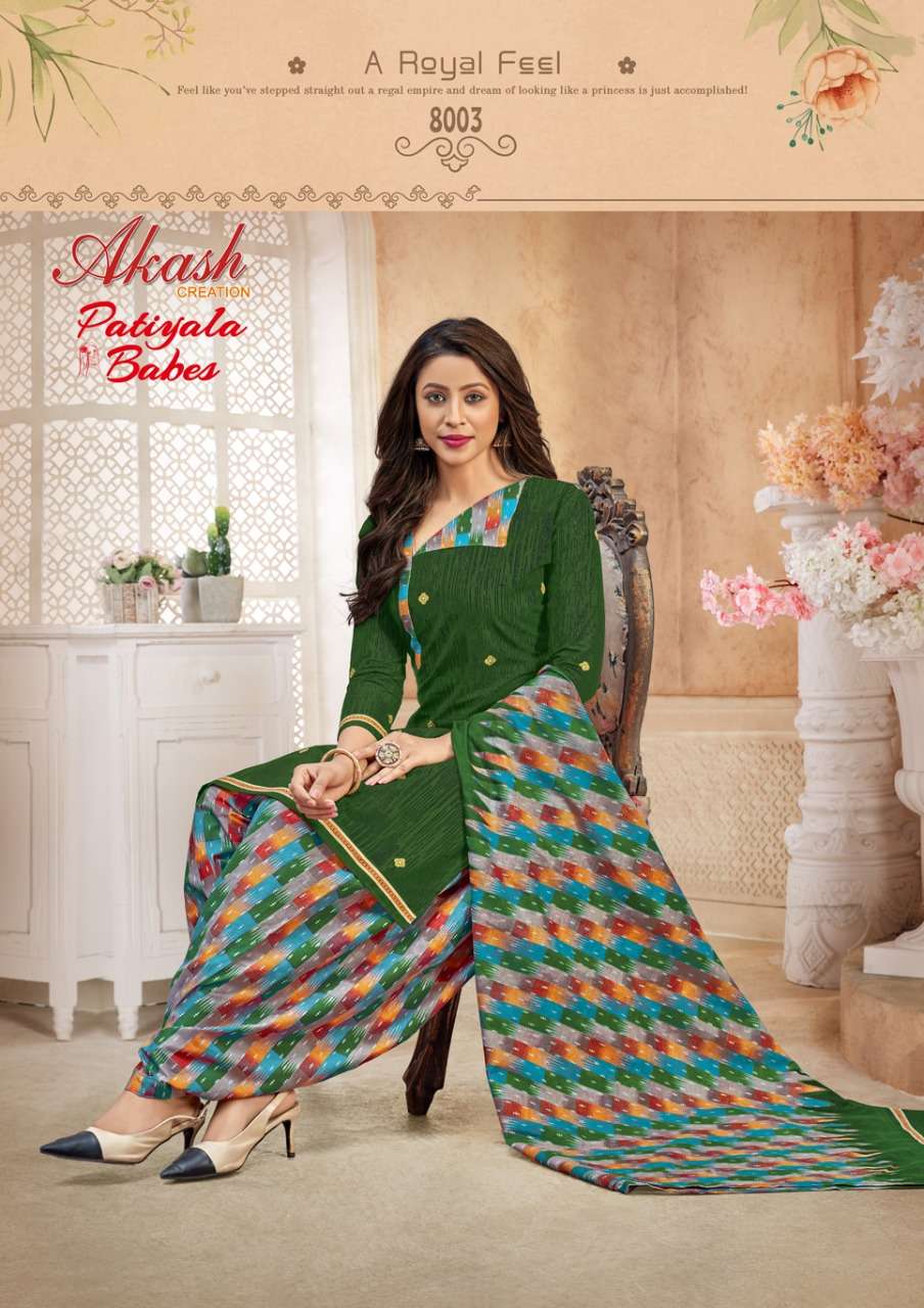 PATIYALA BABES VOL-8 BY AKASH CREATIONS 8001 TO 8010 SERIES BEAUTIFUL SUITS STYLISH FANCY COLORFUL PARTY WEAR & OCCASIONAL WEAR PURE COTTON PRINT DRESSES AT WHOLESALE PRICE