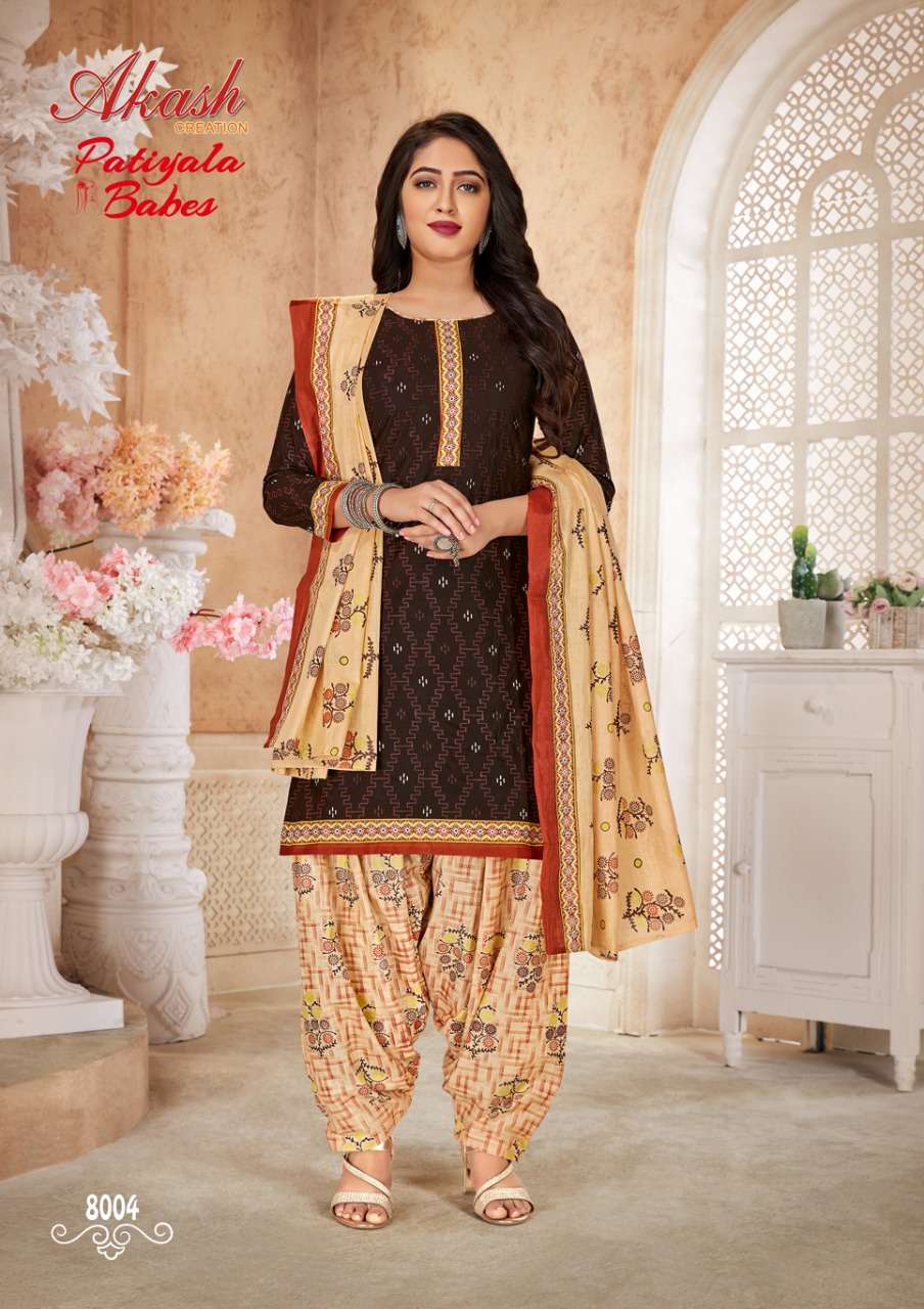 PATIYALA BABES VOL-8 BY AKASH CREATIONS 8001 TO 8010 SERIES BEAUTIFUL SUITS STYLISH FANCY COLORFUL PARTY WEAR & OCCASIONAL WEAR PURE COTTON PRINT DRESSES AT WHOLESALE PRICE