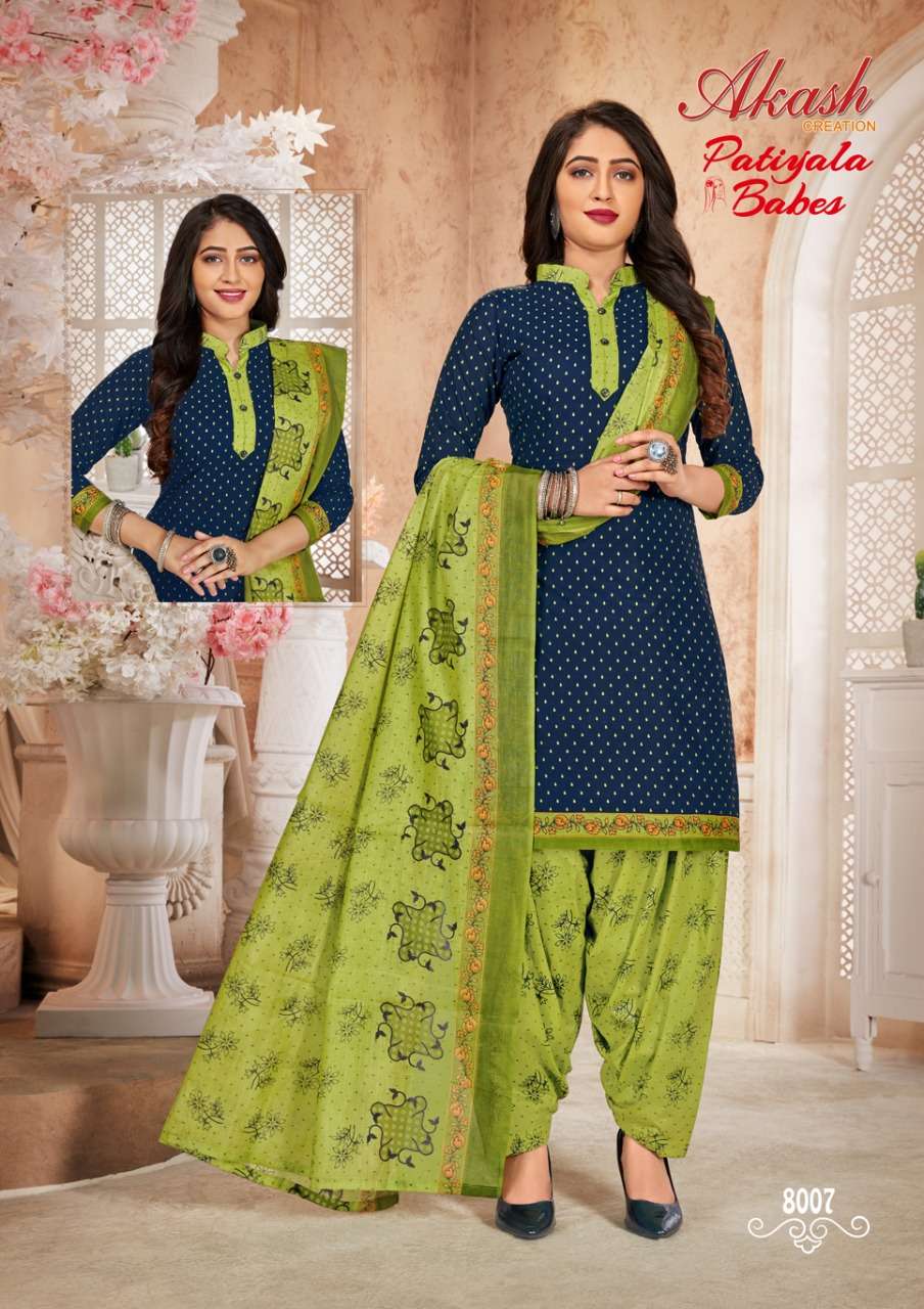 PATIYALA BABES VOL-8 BY AKASH CREATIONS 8001 TO 8010 SERIES BEAUTIFUL SUITS STYLISH FANCY COLORFUL PARTY WEAR & OCCASIONAL WEAR PURE COTTON PRINT DRESSES AT WHOLESALE PRICE