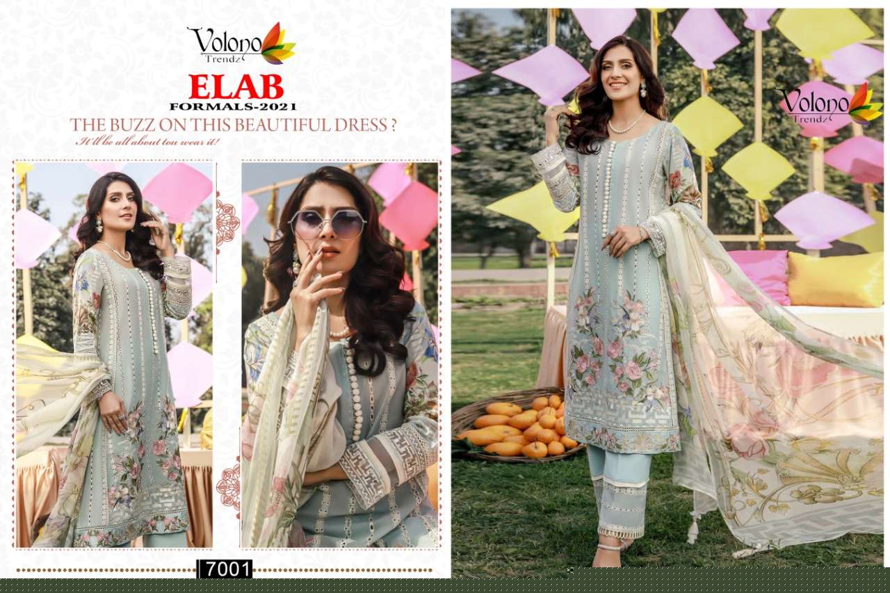 ELAB FORMALS-2021 BY VOLONO TRENDZ 7001 TO 7004 SERIES BEAUTIFUL PAKISTANI SUITS COLORFUL STYLISH FANCY CASUAL WEAR & ETHNIC WEAR PURE CAMBRIC EMBROIDERY DRESSES AT WHOLESALE PRICE