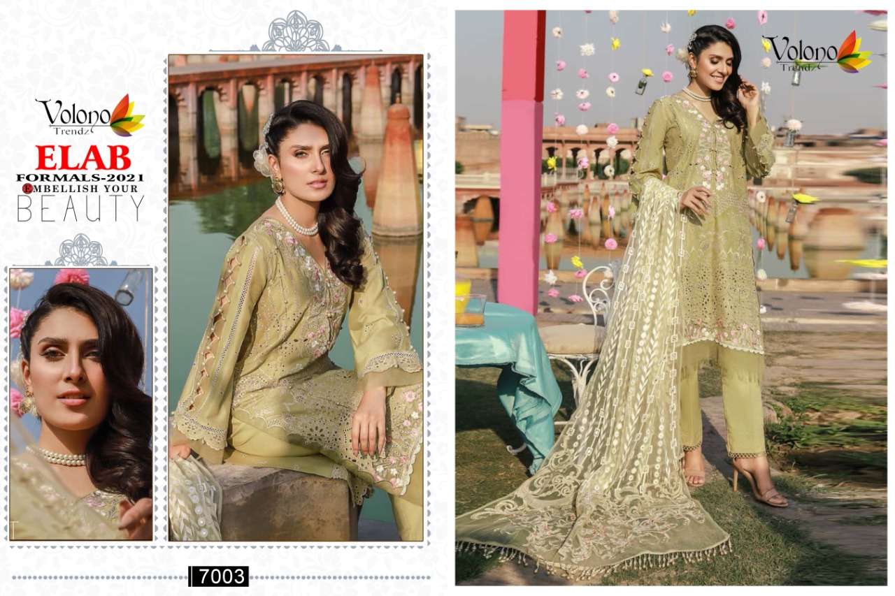 ELAB FORMALS-2021 BY VOLONO TRENDZ 7001 TO 7004 SERIES BEAUTIFUL PAKISTANI SUITS COLORFUL STYLISH FANCY CASUAL WEAR & ETHNIC WEAR PURE CAMBRIC EMBROIDERY DRESSES AT WHOLESALE PRICE