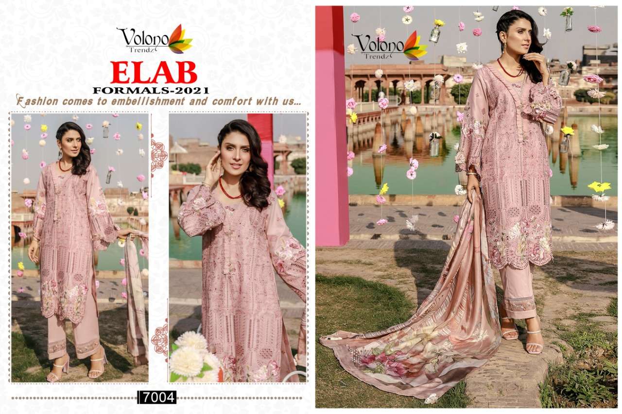 ELAB FORMALS-2021 BY VOLONO TRENDZ 7001 TO 7004 SERIES BEAUTIFUL PAKISTANI SUITS COLORFUL STYLISH FANCY CASUAL WEAR & ETHNIC WEAR PURE CAMBRIC EMBROIDERY DRESSES AT WHOLESALE PRICE