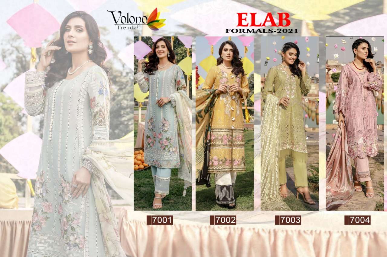 ELAB FORMALS-2021 BY VOLONO TRENDZ 7001 TO 7004 SERIES BEAUTIFUL PAKISTANI SUITS COLORFUL STYLISH FANCY CASUAL WEAR & ETHNIC WEAR PURE CAMBRIC EMBROIDERY DRESSES AT WHOLESALE PRICE