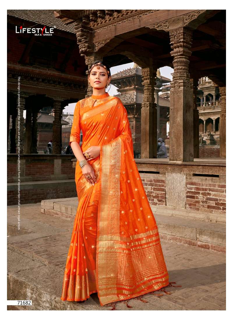 SANCHI BY LIFESTYLE 71681 TO 71686 SERIES INDIAN TRADITIONAL WEAR COLLECTION BEAUTIFUL STYLISH FANCY COLORFUL PARTY WEAR & OCCASIONAL WEAR NYLON SILK SAREES AT WHOLESALE PRICE