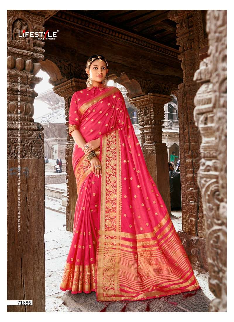 SANCHI BY LIFESTYLE 71681 TO 71686 SERIES INDIAN TRADITIONAL WEAR COLLECTION BEAUTIFUL STYLISH FANCY COLORFUL PARTY WEAR & OCCASIONAL WEAR NYLON SILK SAREES AT WHOLESALE PRICE