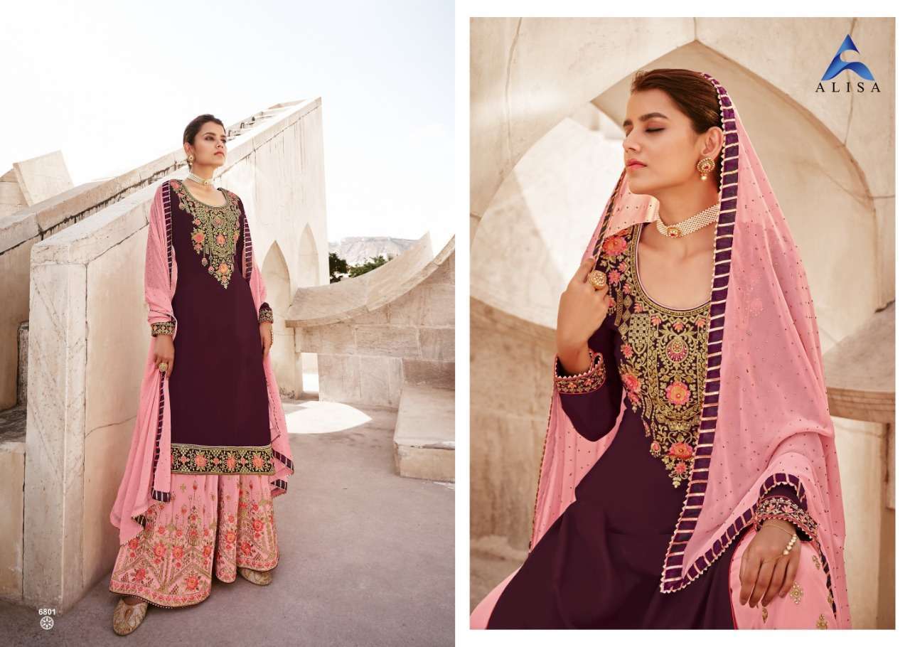 MAIRA BY ALISA 6801 TO 6804 SERIES BEAUTIFUL STYLISH SHARARA SUITS FANCY COLORFUL CASUAL WEAR & ETHNIC WEAR & READY TO WEAR FAUX GEORGETTE WITH EMBROIDERY DRESSES AT WHOLESALE PRICE