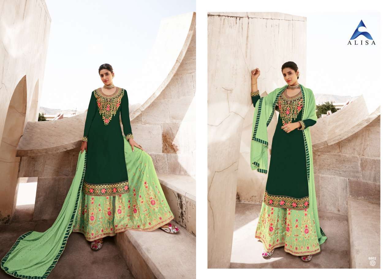 MAIRA BY ALISA 6801 TO 6804 SERIES BEAUTIFUL STYLISH SHARARA SUITS FANCY COLORFUL CASUAL WEAR & ETHNIC WEAR & READY TO WEAR FAUX GEORGETTE WITH EMBROIDERY DRESSES AT WHOLESALE PRICE
