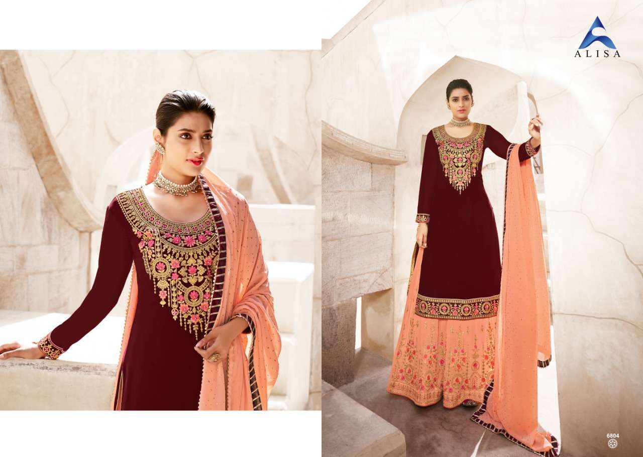 MAIRA BY ALISA 6801 TO 6804 SERIES BEAUTIFUL STYLISH SHARARA SUITS FANCY COLORFUL CASUAL WEAR & ETHNIC WEAR & READY TO WEAR FAUX GEORGETTE WITH EMBROIDERY DRESSES AT WHOLESALE PRICE