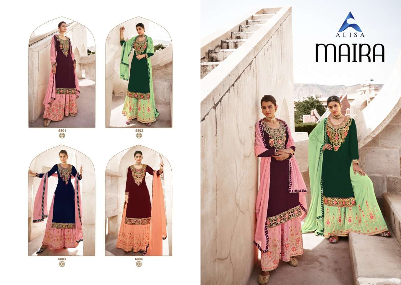 MAIRA BY ALISA 6801 TO 6804 SERIES BEAUTIFUL STYLISH SHARARA SUITS FANCY COLORFUL CASUAL WEAR & ETHNIC WEAR & READY TO WEAR FAUX GEORGETTE WITH EMBROIDERY DRESSES AT WHOLESALE PRICE