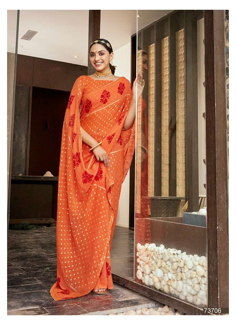 BUL BUL BY ANTRA 73701 TO 73710 SERIES INDIAN TRADITIONAL WEAR COLLECTION BEAUTIFUL STYLISH FANCY COLORFUL PARTY WEAR & OCCASIONAL WEAR GEORGETTE FOIL PRINT SAREES AT WHOLESALE PRICE