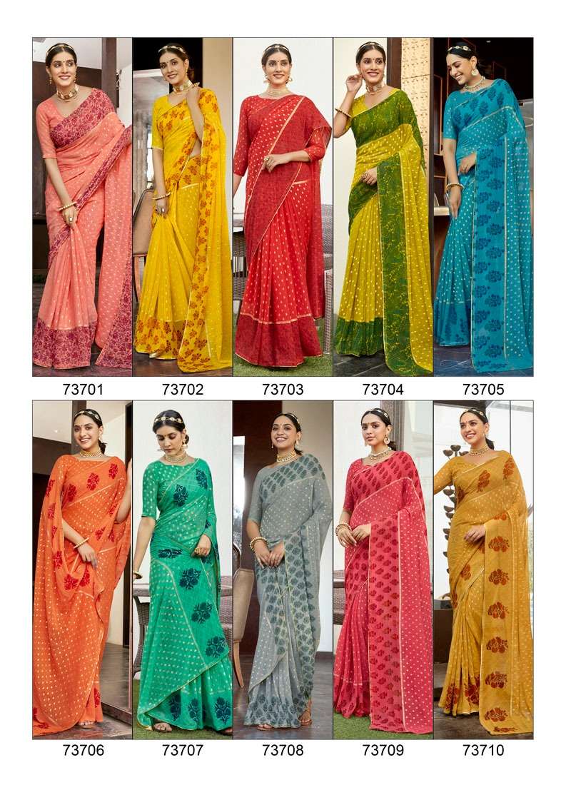 BUL BUL BY ANTRA 73701 TO 73710 SERIES INDIAN TRADITIONAL WEAR COLLECTION BEAUTIFUL STYLISH FANCY COLORFUL PARTY WEAR & OCCASIONAL WEAR GEORGETTE FOIL PRINT SAREES AT WHOLESALE PRICE