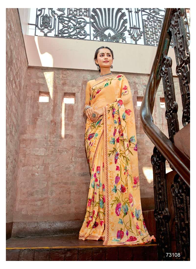 CRISPI BY ANTRA 73102 TO 73110 SERIES INDIAN TRADITIONAL WEAR COLLECTION BEAUTIFUL STYLISH FANCY COLORFUL PARTY WEAR & OCCASIONAL WEAR CHIFFON SAREES AT WHOLESALE PRICE
