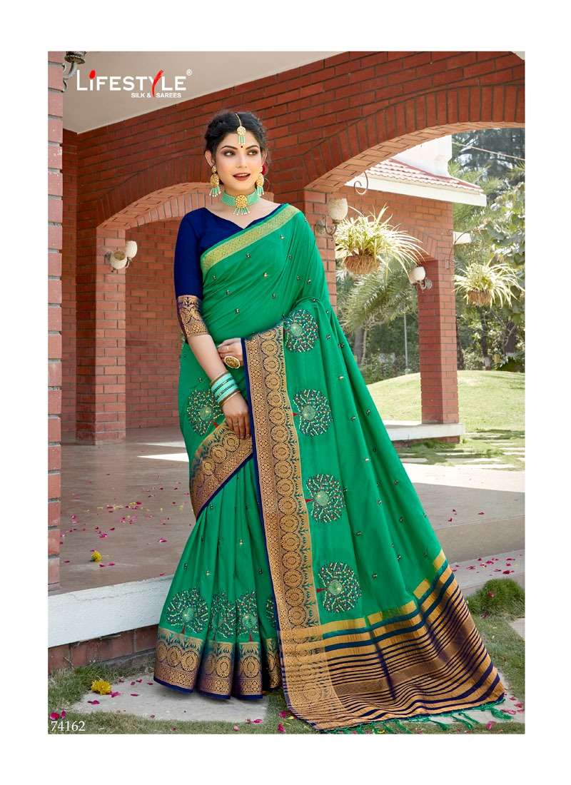 LAKHNAVI SILK BY LIFESTYLE 74161 TO 74166 SERIES INDIAN TRADITIONAL WEAR COLLECTION BEAUTIFUL STYLISH FANCY COLORFUL PARTY WEAR & OCCASIONAL WEAR DOLA SILK SAREES AT WHOLESALE PRICE