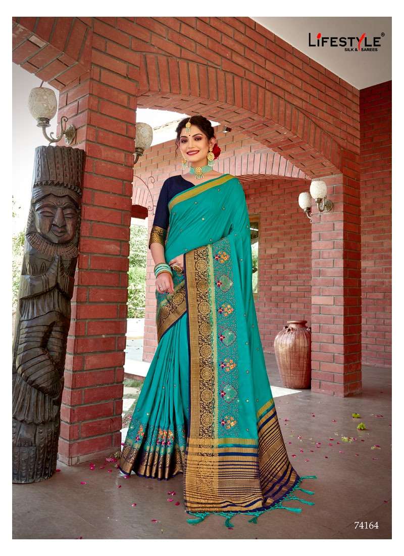 LAKHNAVI SILK BY LIFESTYLE 74161 TO 74166 SERIES INDIAN TRADITIONAL WEAR COLLECTION BEAUTIFUL STYLISH FANCY COLORFUL PARTY WEAR & OCCASIONAL WEAR DOLA SILK SAREES AT WHOLESALE PRICE