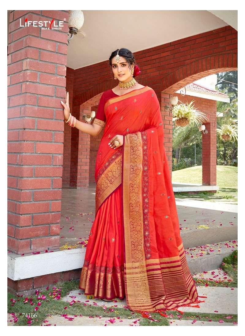 LAKHNAVI SILK BY LIFESTYLE 74161 TO 74166 SERIES INDIAN TRADITIONAL WEAR COLLECTION BEAUTIFUL STYLISH FANCY COLORFUL PARTY WEAR & OCCASIONAL WEAR DOLA SILK SAREES AT WHOLESALE PRICE