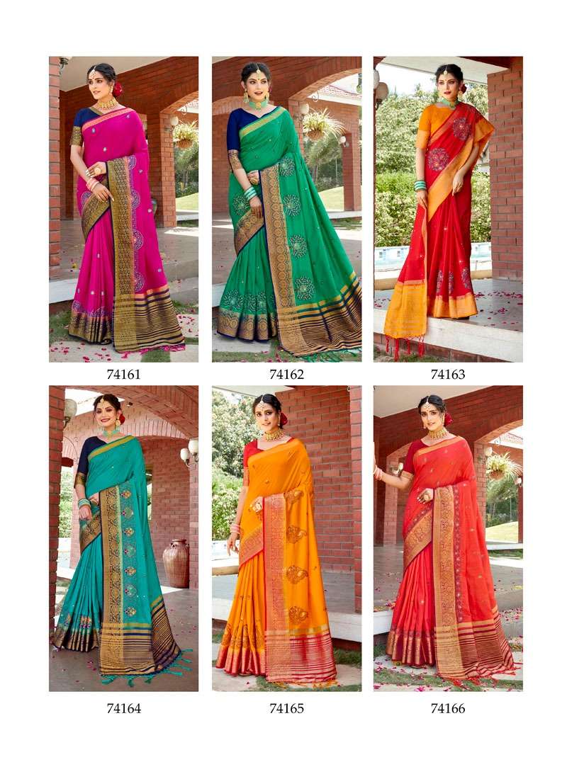 LAKHNAVI SILK BY LIFESTYLE 74161 TO 74166 SERIES INDIAN TRADITIONAL WEAR COLLECTION BEAUTIFUL STYLISH FANCY COLORFUL PARTY WEAR & OCCASIONAL WEAR DOLA SILK SAREES AT WHOLESALE PRICE