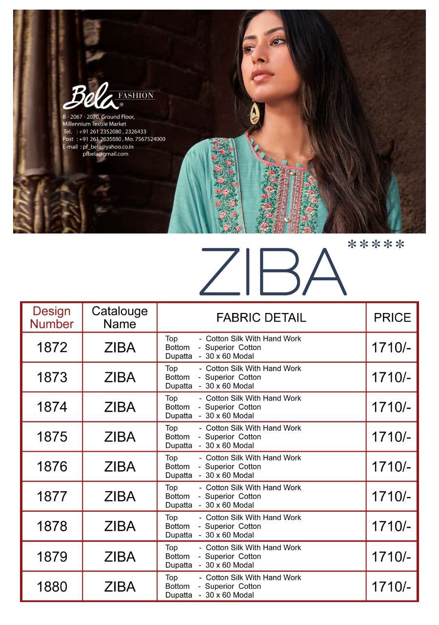 ZIBA BY BELA FASHION 1872 TO 1880 SERIES BEAUTIFUL STYLISH SUITS FANCY COLORFUL CASUAL WEAR & ETHNIC WEAR & READY TO WEAR COTTON SILK WITH HANDWORK DRESSES AT WHOLESALE PRICE