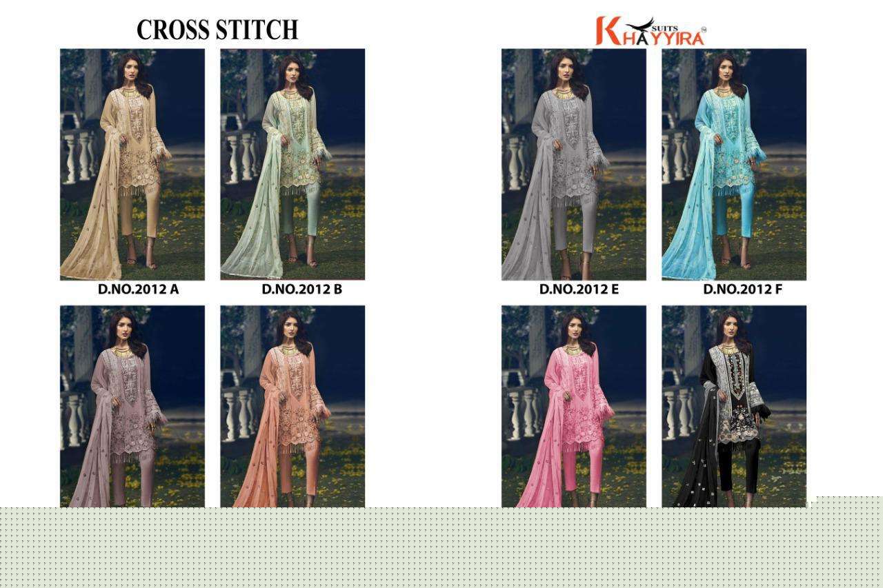CROSS STITCH BY KHAYYIRA 2012-A TO 2012-H SERIES BEAUTIFUL PAKISTANI SUITS STYLISH FANCY COLORFUL CASUAL WEAR & ETHNIC WEAR HEAVY GEORGETTE WITH EMBROIDERY DRESSES AT WHOLESALE PRICE