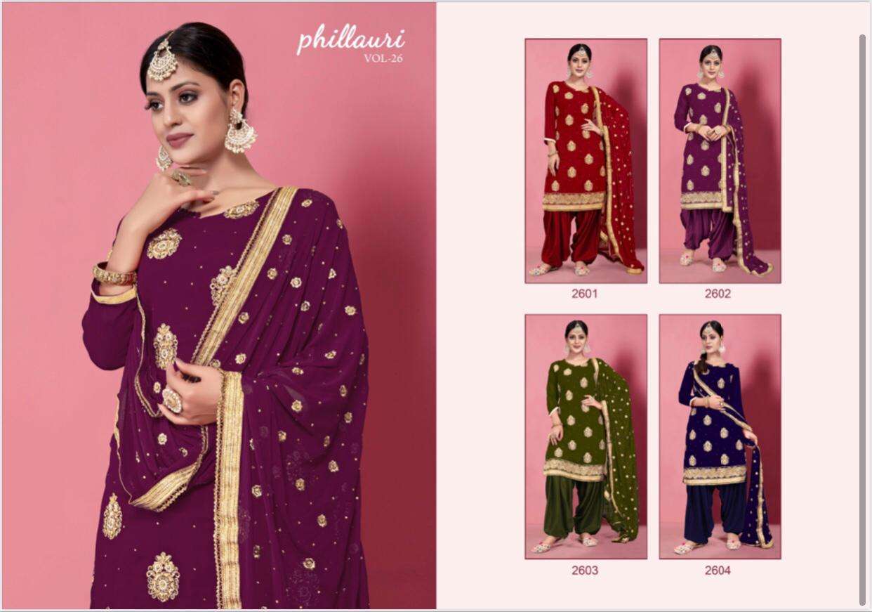 PHILLAURI VOL-26 BY PHILLAURI 2601 TO 2604 SERIES BEAUTIFUL PATIYALA SUITS STYLISH FANCY COLORFUL CASUAL WEAR & ETHNIC WEAR HEAVY GEORGETTE WITH EMBROIDERED DRESSES AT WHOLESALE PRICE