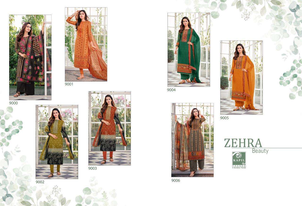 ZEHRA BY KAPIL TRENDZ 9000 TO 9006 SERIES BEAUTIFUL SUITS STYLISH FANCY COLORFUL PARTY WEAR & OCCASIONAL WEAR CHANDERI DIGITAL PRINT WITH WORK DRESSES AT WHOLESALE PRICE