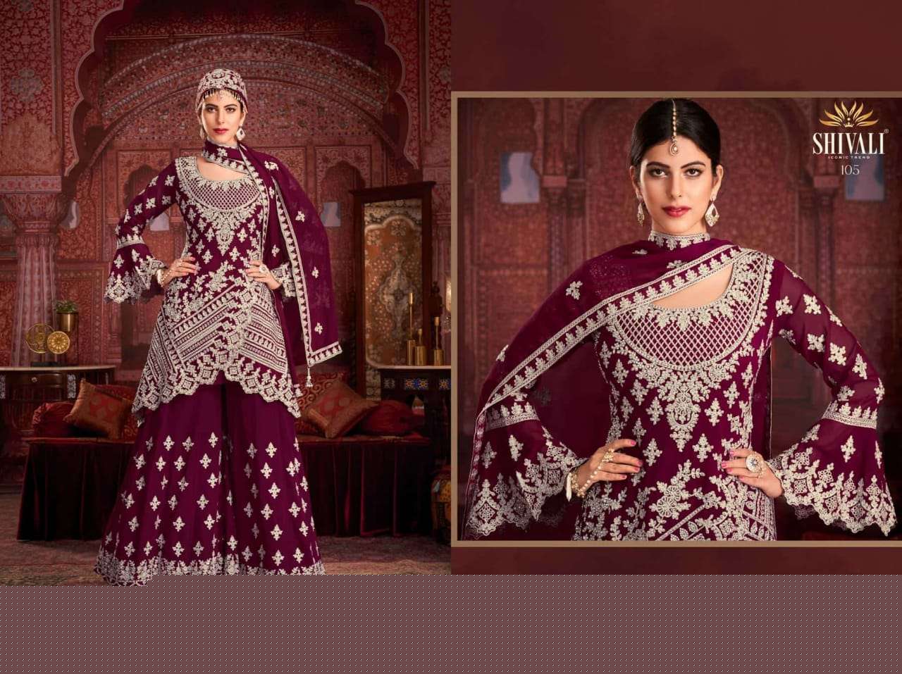 HALIME SULTAN BY SHIVALI 101 TO 105 SERIES BEAUTIFUL SHARARA SUITS STYLISH FANCY COLORFUL PARTY WEAR & OCCASIONAL WEAR FANCY DRESSES AT WHOLESALE PRICE