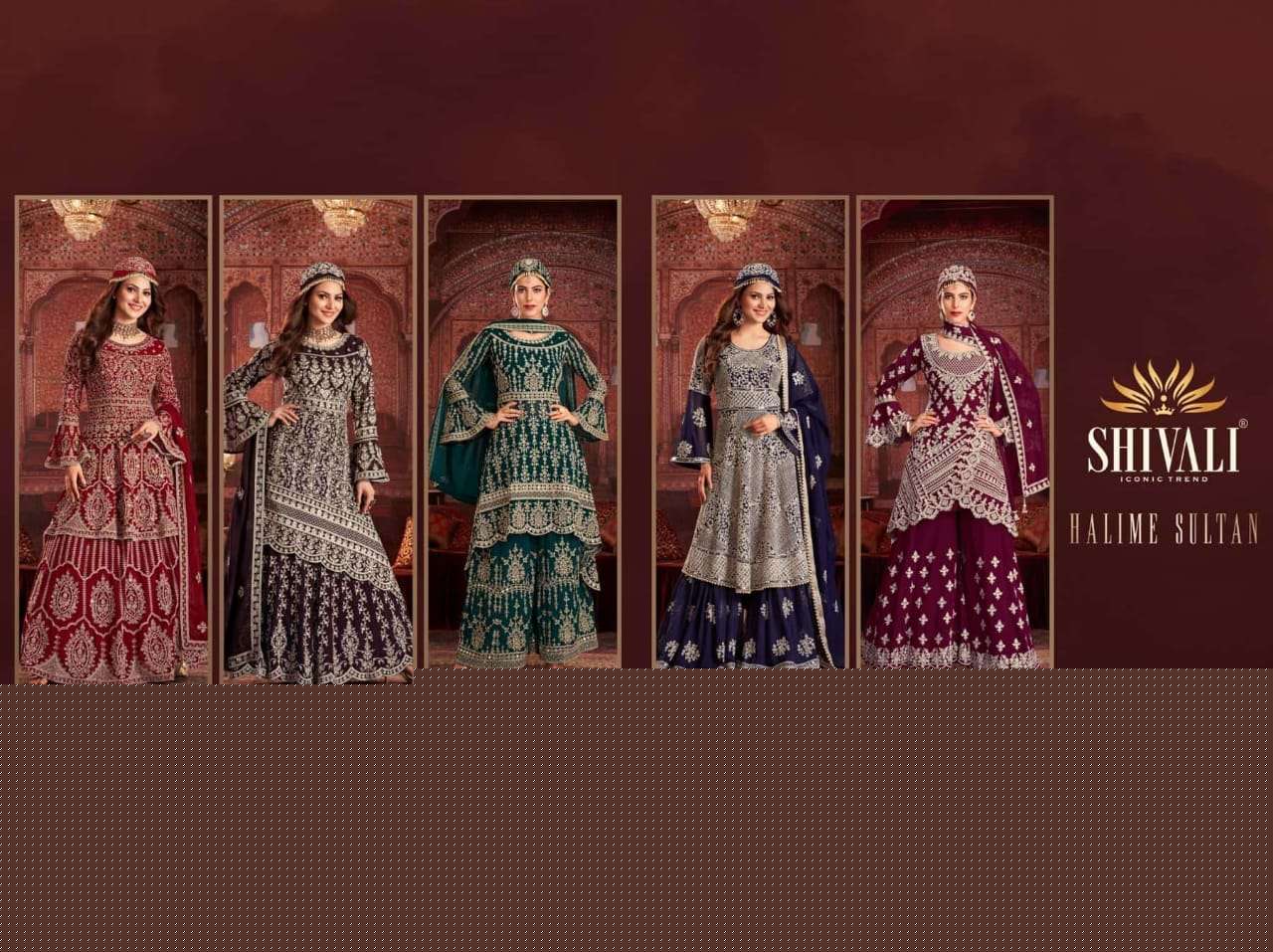 HALIME SULTAN BY SHIVALI 101 TO 105 SERIES BEAUTIFUL SHARARA SUITS STYLISH FANCY COLORFUL PARTY WEAR & OCCASIONAL WEAR FANCY DRESSES AT WHOLESALE PRICE
