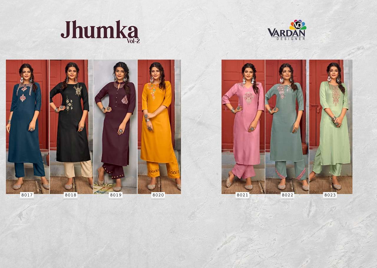 Jhumka Vol-2 By Vardan Designer 8017 To 8023 Series Designer Stylish Fancy Colorful Beautiful Party Wear & Ethnic Wear Collection Heavy Rayon Embroidery Kurtis With Bottom At Wholesale Price