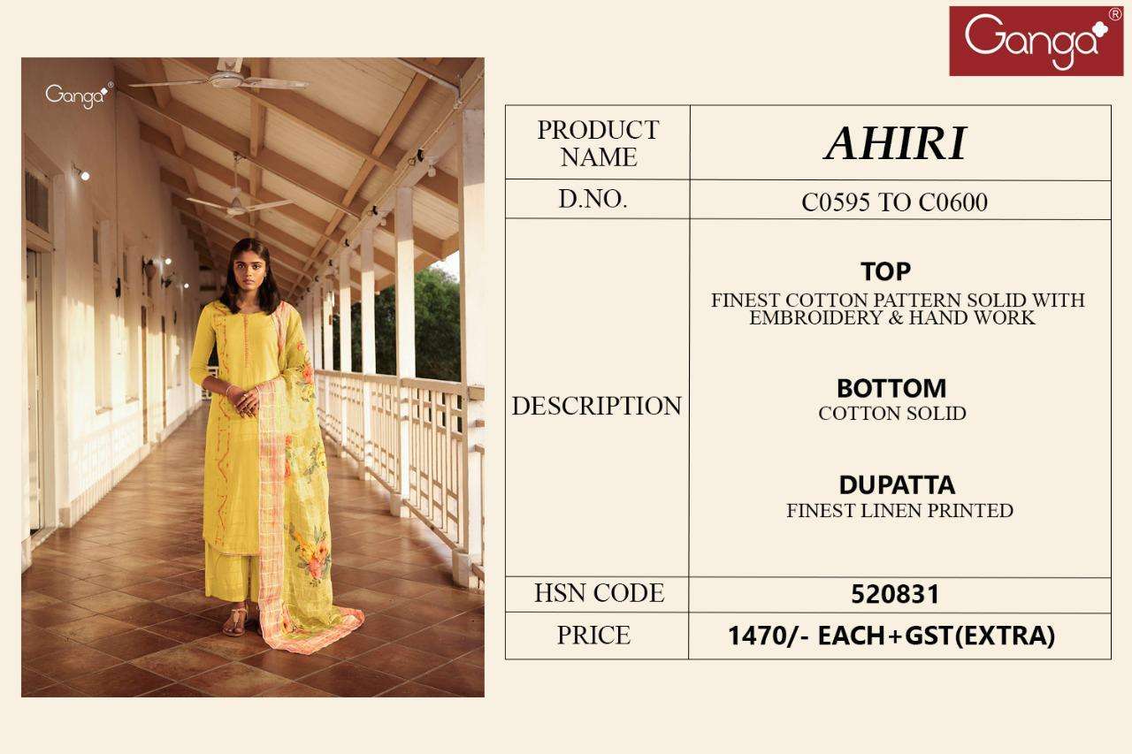 AHIRI BY GANGA FASHION 595 TO 600 SERIES BEAUTIFUL SUITS STYLISH FANCY COLORFUL PARTY WEAR & OCCASIONAL WEAR FINEST COTTON WITH EMBROIDERY DRESSES AT WHOLESALE PRICE