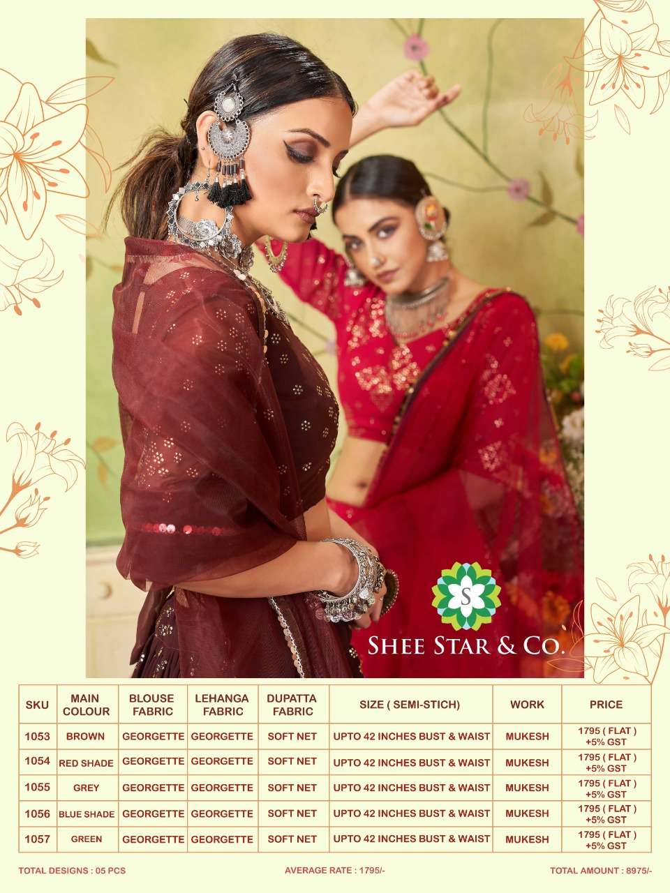 BINDIYA VOL-1 BY SHEE STAR 1053 TO 1057 SERIES BEAUTIFUL COLORFUL FANCY WEDDING COLLECTION OCCASIONAL WEAR & PARTY WEAR GEORGETTE LEHENGAS AT WHOLESALE PRICE
