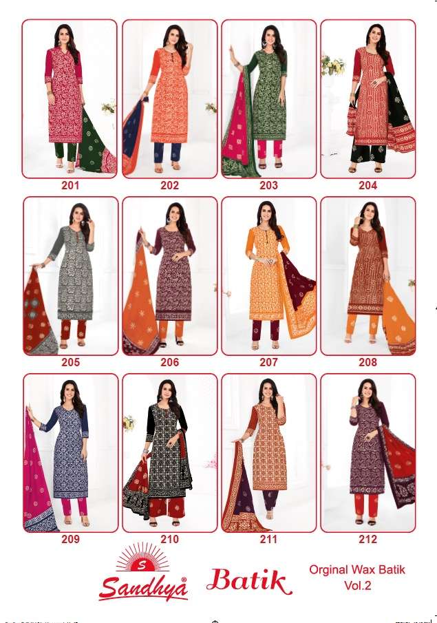 BATIK VOL-2 BY SANDHYA 201 TO 212 SERIES BEAUTIFUL SUITS STYLISH FANCY COLORFUL PARTY WEAR & OCCASIONAL WEAR PURE COTTON DRESSES AT WHOLESALE PRICE
