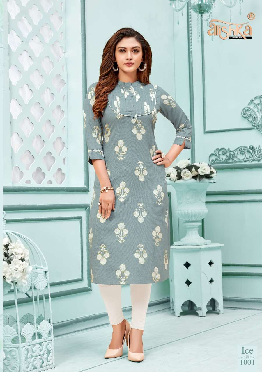 ICE BY ALISHKA FASHION 1001 TO 1004 SERIES BEAUTIFUL STYLISH FANCY COLORFUL CASUAL WEAR & ETHNIC WEAR & READY TO WEAR RAYON SLUB PRINTED KURTIS AT WHOLESALE PRICE