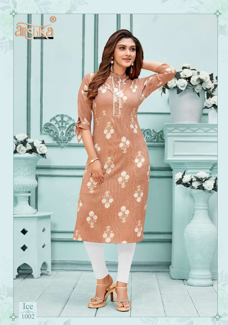 ICE BY ALISHKA FASHION 1001 TO 1004 SERIES BEAUTIFUL STYLISH FANCY COLORFUL CASUAL WEAR & ETHNIC WEAR & READY TO WEAR RAYON SLUB PRINTED KURTIS AT WHOLESALE PRICE