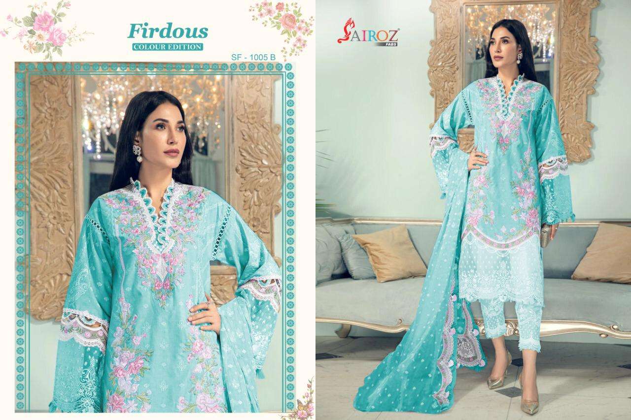 FIRDOUS COLOUR EDITION BY SAIROZ FABS 1005-A TO 1005-E SERIES BEAUTIFUL PAKISTANI SUITS STYLISH FANCY COLORFUL CASUAL WEAR & ETHNIC WEAR COTTON DIGITAL PRINT WITH WORK DRESSES AT WHOLESALE PRICE