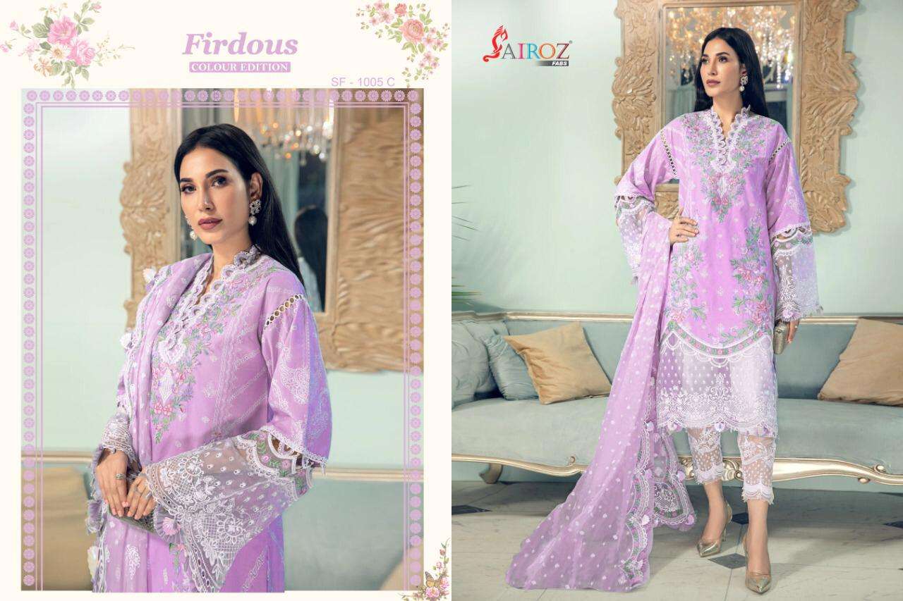 FIRDOUS COLOUR EDITION BY SAIROZ FABS 1005-A TO 1005-E SERIES BEAUTIFUL PAKISTANI SUITS STYLISH FANCY COLORFUL CASUAL WEAR & ETHNIC WEAR COTTON DIGITAL PRINT WITH WORK DRESSES AT WHOLESALE PRICE