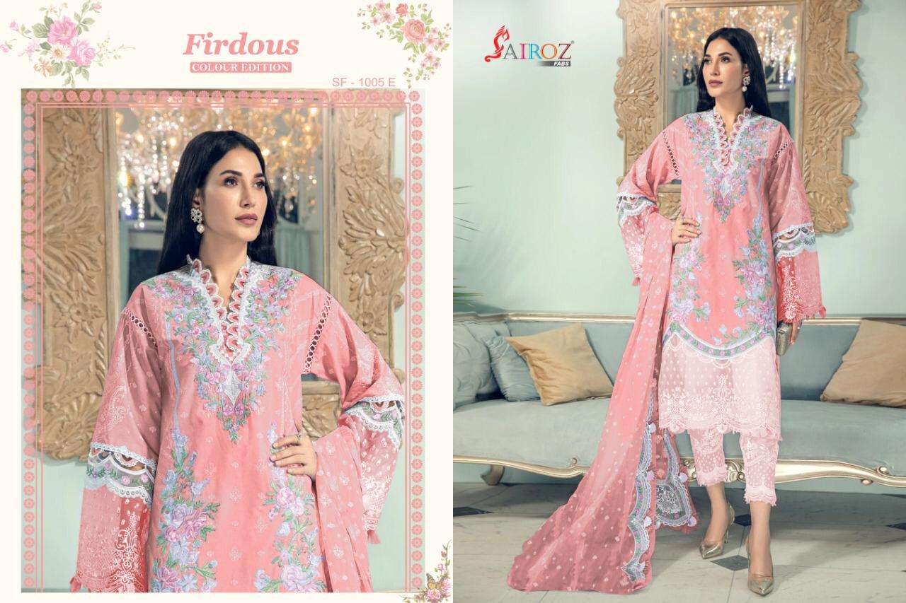 FIRDOUS COLOUR EDITION BY SAIROZ FABS 1005-A TO 1005-E SERIES BEAUTIFUL PAKISTANI SUITS STYLISH FANCY COLORFUL CASUAL WEAR & ETHNIC WEAR COTTON DIGITAL PRINT WITH WORK DRESSES AT WHOLESALE PRICE