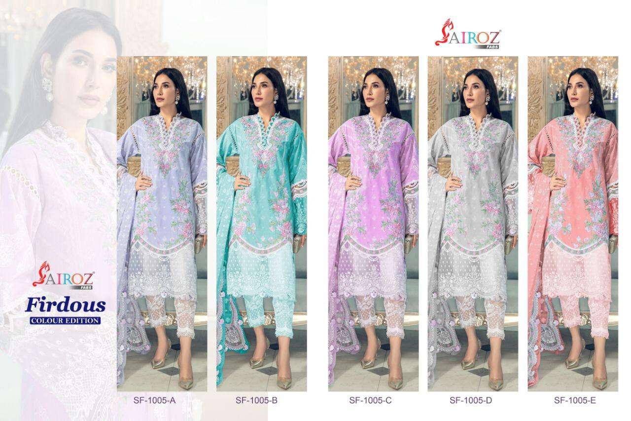 FIRDOUS COLOUR EDITION BY SAIROZ FABS 1005-A TO 1005-E SERIES BEAUTIFUL PAKISTANI SUITS STYLISH FANCY COLORFUL CASUAL WEAR & ETHNIC WEAR COTTON DIGITAL PRINT WITH WORK DRESSES AT WHOLESALE PRICE