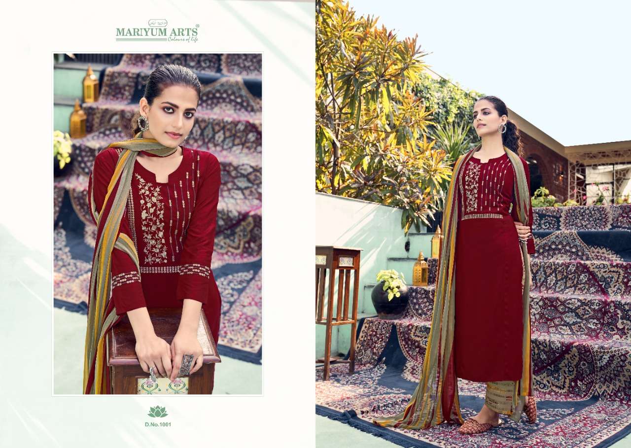 GUNJAN BY MARIYUM ARTS 1001 TO 1006 SERIES BEAUTIFUL SUITS COLORFUL STYLISH FANCY CASUAL WEAR & ETHNIC WEAR RAYON COTTON EBROIDERED DRESSES AT WHOLESALE PRICE