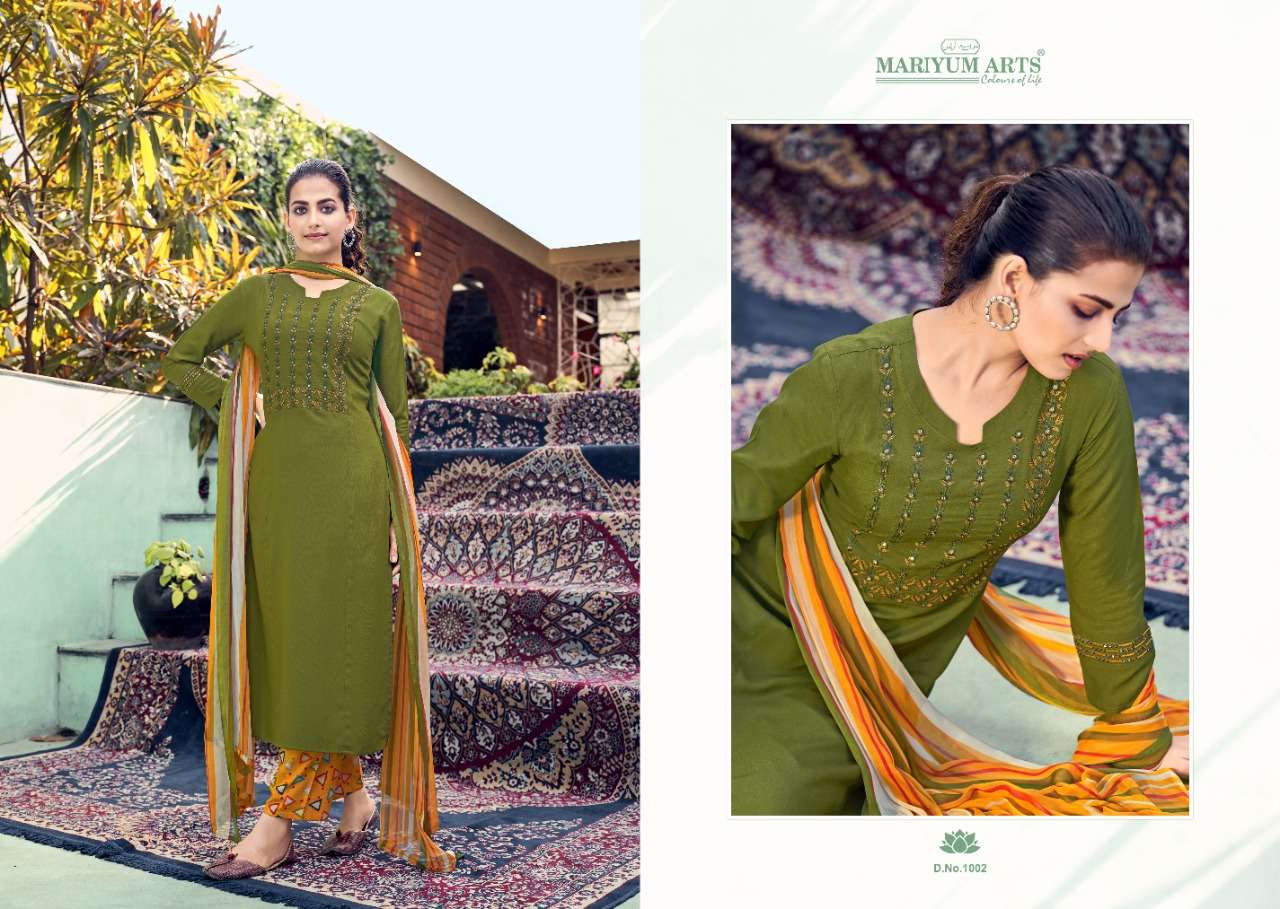 GUNJAN BY MARIYUM ARTS 1001 TO 1006 SERIES BEAUTIFUL SUITS COLORFUL STYLISH FANCY CASUAL WEAR & ETHNIC WEAR RAYON COTTON EBROIDERED DRESSES AT WHOLESALE PRICE