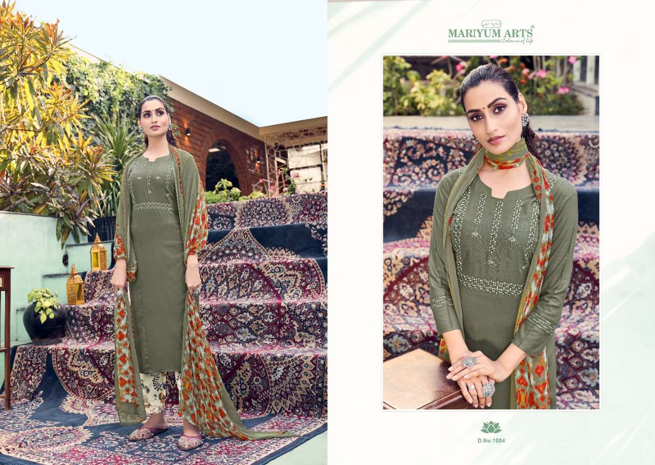 GUNJAN BY MARIYUM ARTS 1001 TO 1006 SERIES BEAUTIFUL SUITS COLORFUL STYLISH FANCY CASUAL WEAR & ETHNIC WEAR RAYON COTTON EBROIDERED DRESSES AT WHOLESALE PRICE