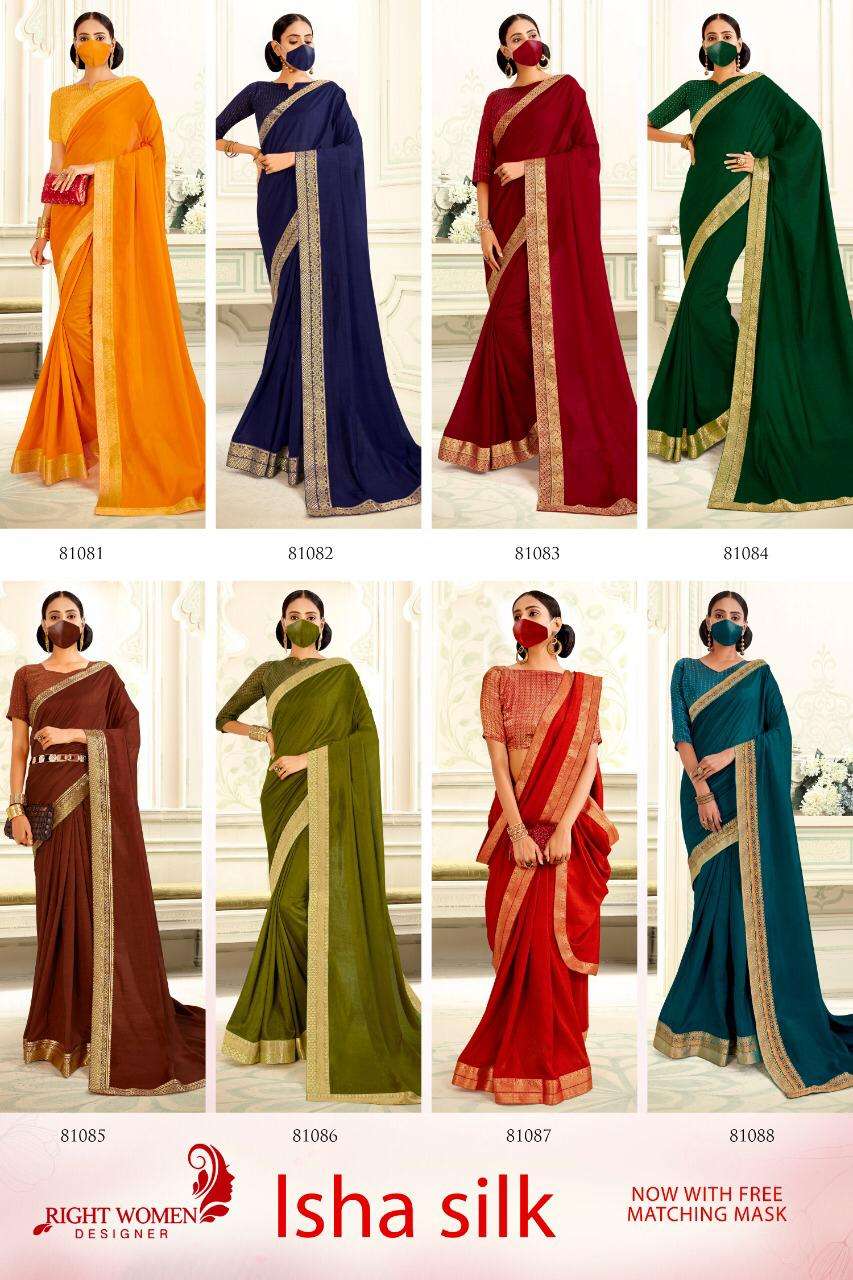 ISHA SILK BY RIGHT WOMEN 81081 TO 81088 SERIES INDIAN TRADITIONAL WEAR COLLECTION BEAUTIFUL STYLISH FANCY COLORFUL PARTY WEAR & OCCASIONAL WEAR VICHITRA SAREES AT WHOLESALE PRICE