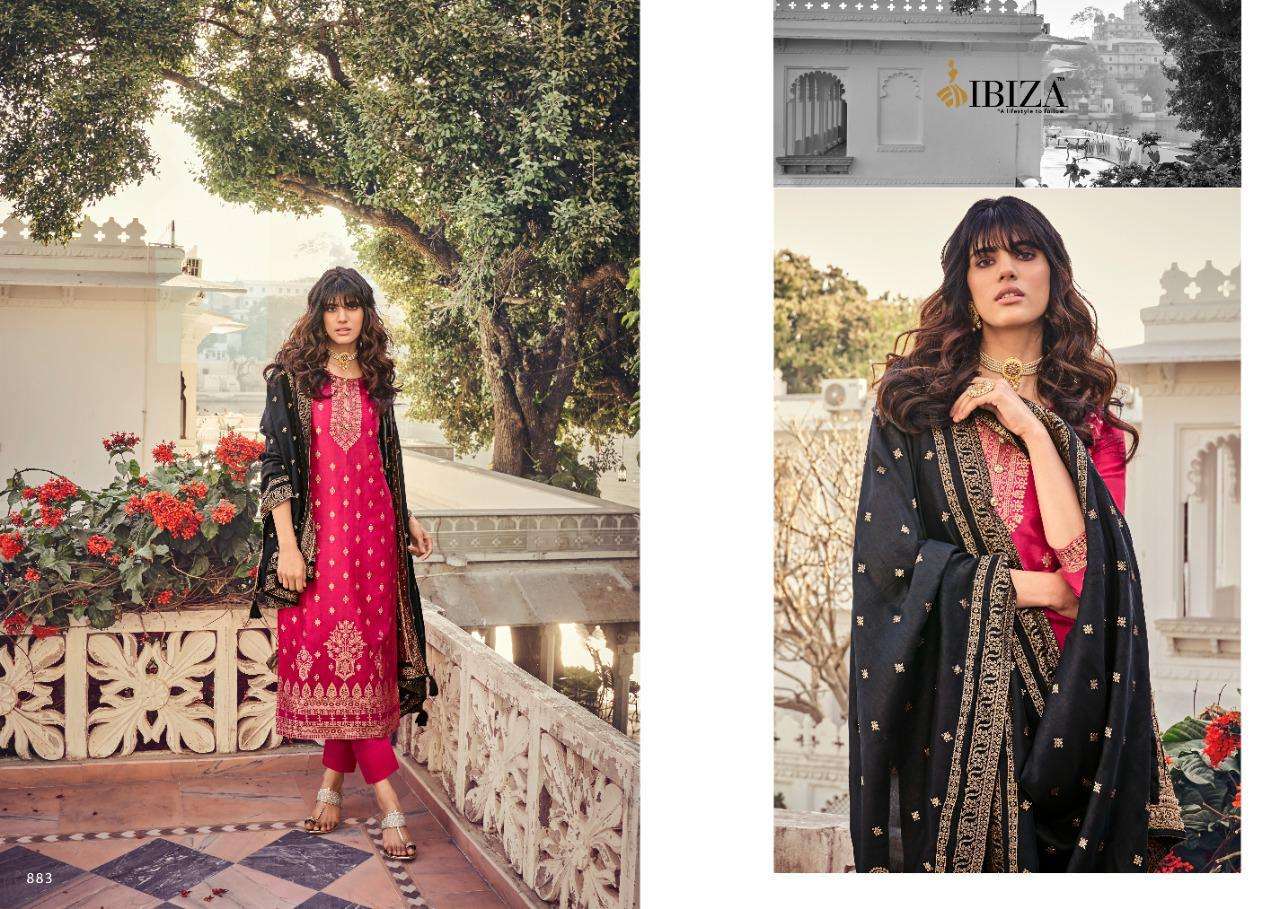 IBIZA SILK BY SANSKRUTI SILK MILLS 879 TO 886 SERIES BEAUTIFUL SUITS COLORFUL STYLISH FANCY CASUAL WEAR & ETHNIC WEAR PURE WOVEN RUSSIAN SILK JACQUARD EMBROIDERED DRESSES AT WHOLESALE PRICE