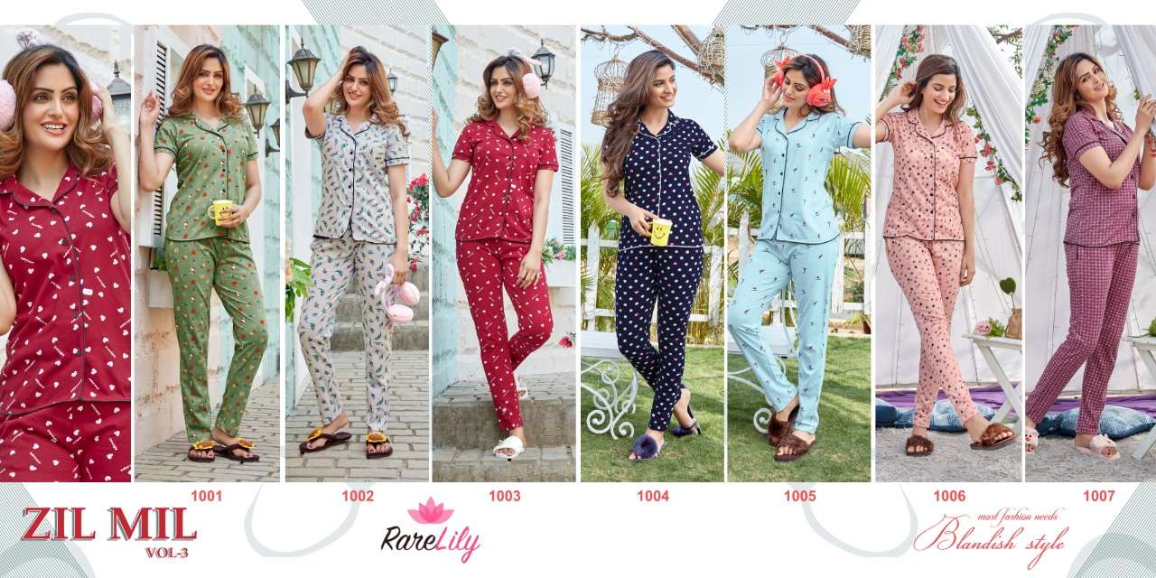 ZIL MIL VOL-3 BY RARE LILY 1001 TO 1007 SERIES BEAUTIFUL STYLISH FANCY COLORFUL CASUAL WEAR & NIGHT WEAR COTTON DIGITAL PRINTS TOPS AND BOTTOM AT WHOLESALE PRICE