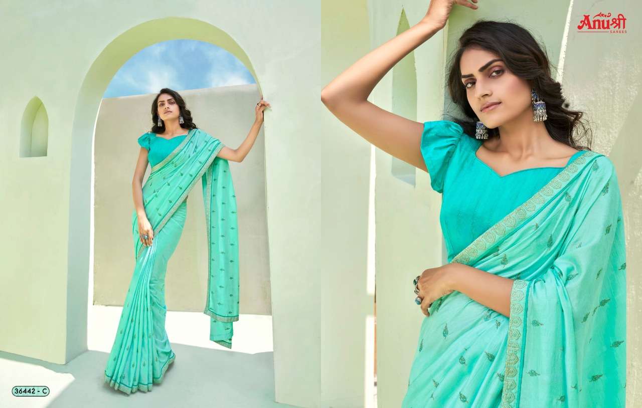 AARSHI BY ANUSHREE 36442-A TO 36442-H SERIES INDIAN TRADITIONAL WEAR COLLECTION BEAUTIFUL STYLISH FANCY COLORFUL PARTY WEAR & OCCASIONAL WEAR GEORGETTE EMBROIDERED SAREES AT WHOLESALE PRICE