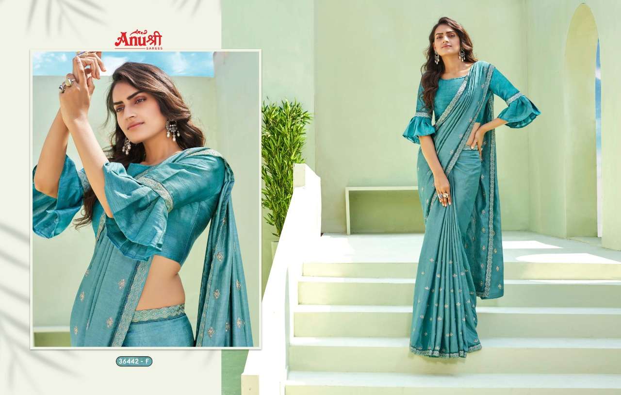 AARSHI BY ANUSHREE 36442-A TO 36442-H SERIES INDIAN TRADITIONAL WEAR COLLECTION BEAUTIFUL STYLISH FANCY COLORFUL PARTY WEAR & OCCASIONAL WEAR GEORGETTE EMBROIDERED SAREES AT WHOLESALE PRICE