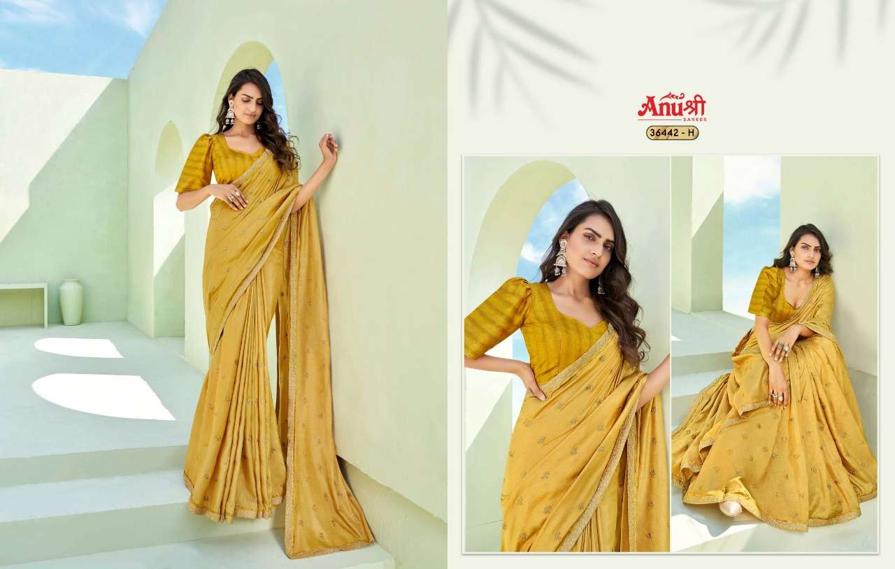 AARSHI BY ANUSHREE 36442-A TO 36442-H SERIES INDIAN TRADITIONAL WEAR COLLECTION BEAUTIFUL STYLISH FANCY COLORFUL PARTY WEAR & OCCASIONAL WEAR GEORGETTE EMBROIDERED SAREES AT WHOLESALE PRICE